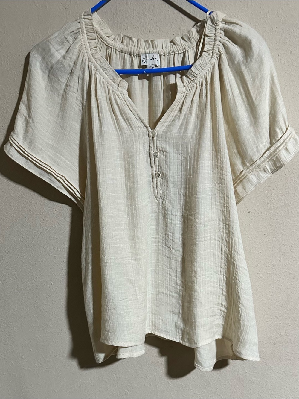 Wonderly Cream Lightweight Peasant Blouse with Button Placket